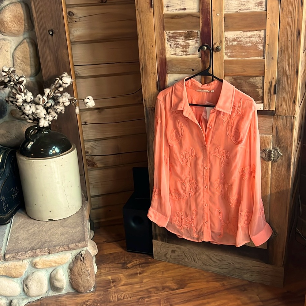 Soft Surroundings Peach Embroidered Button-Up Blouse